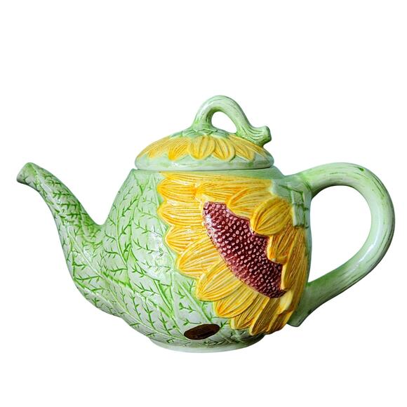 Vintage Seymour Mann Sunflower Teapot Hand Painted Faience Yellow Green Ceramic - Picture 5 of 10